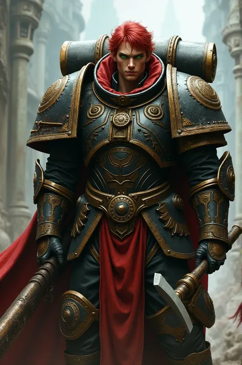 Warhammer 40k character with green eye and red hair and little bit of green skin with a long hammer  and an armour with black and red on it male and tall