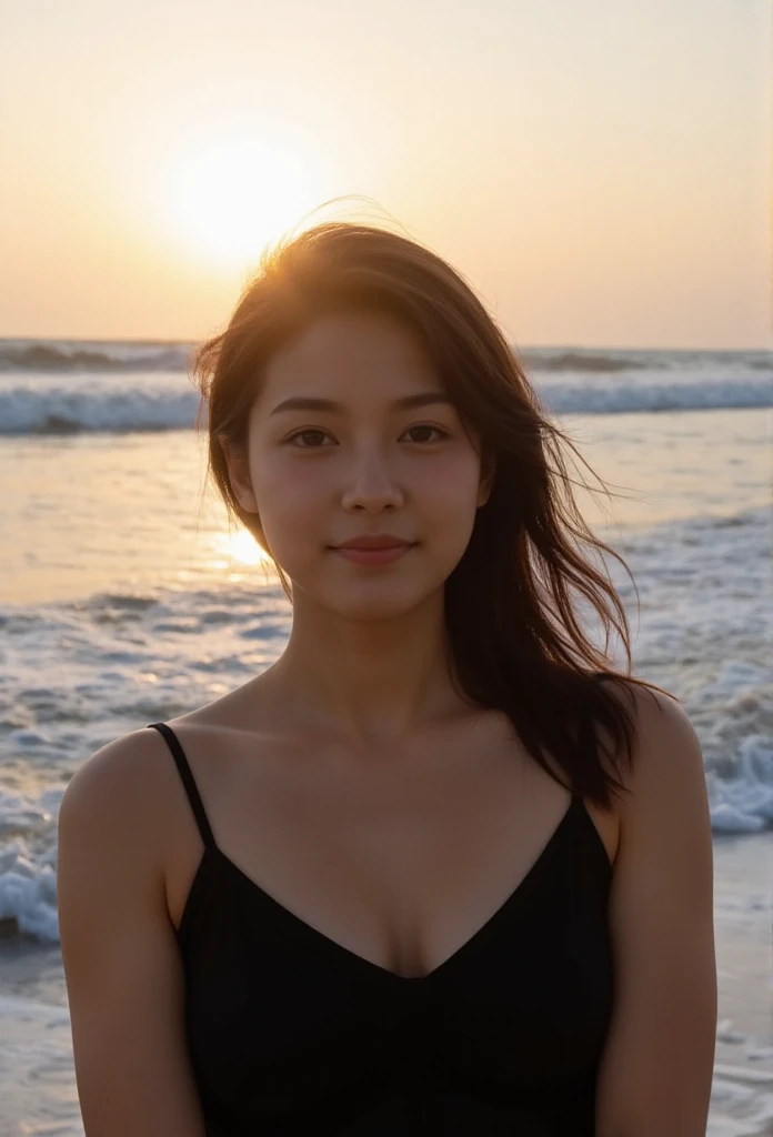 A woman stands confidently at the edge of a beach, wind playing with her hair as waves crash gently behind her. The sun sets in the background, casting a golden light that envelops her in warmth. Her expression reflects a sense of freedom and connection to...