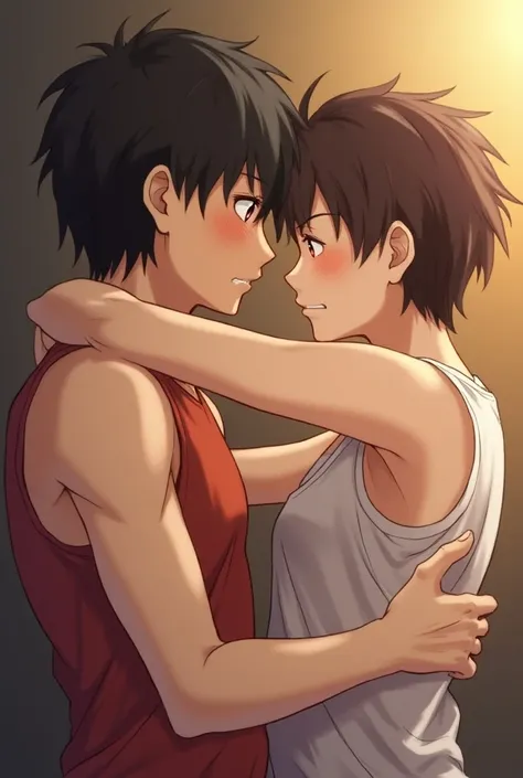 Anime boy having sex with another , wearing tank top, sweating