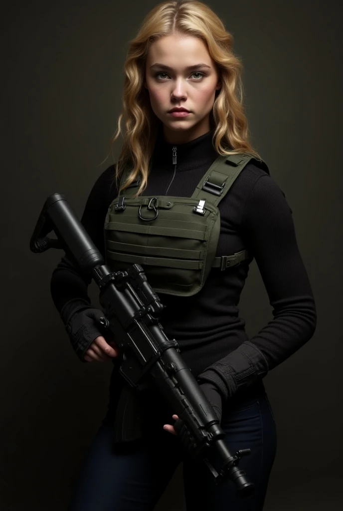 myrcella Baratheon,black zip-up pullover, army bulletproof plate carrier vest,holding a submachine gun