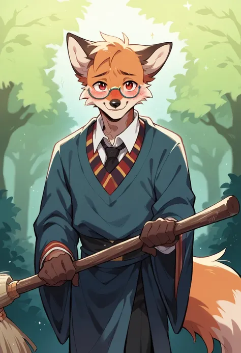 A ((wizzard fox)), boy, with view glasses, red eyes, in a glowing forest in night, whith a wizzards robe, harry potter style, he have a broom in his hand, blush shy, smile, confident expression, lookin at the viewer