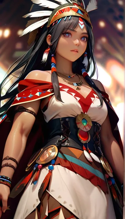  Native American female warrior (cute,beautiful,25 years old,( muscle developed :1.3), holding an Indian spear ,Wheat complexion, Dark Gray Flowing Hair , Dark Shiny Eyes , big eyes, Yes Strong will to face , Close-up of Leather Dress (tassel,  Glass Beads...