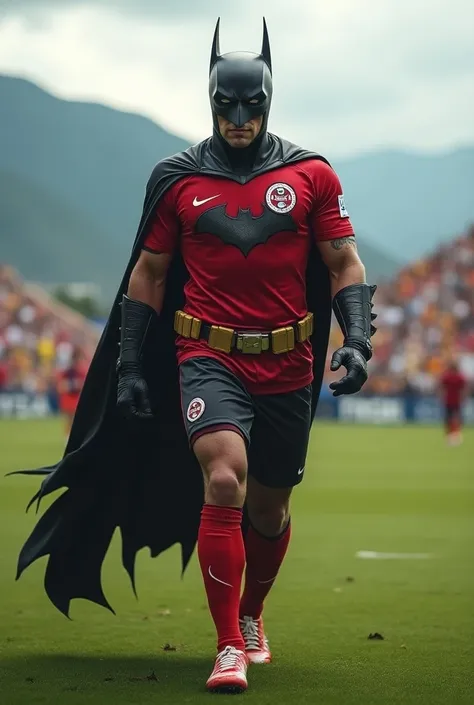 What would Batman look like as a Santa Fe Colombian soccer player wearing the costume with the colors of the red and white Santa Fe logo