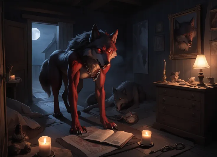 Red Riding Hood leans into the mirror, eyes wide with a mix of shock and unexpected, instinctual excitement as she examines her newly sharp, wolf-like teeth. The moonlight streaming through an open window casts the room in a silvery glow, illuminating the ...