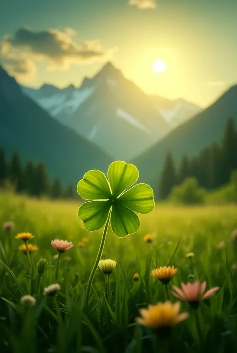 Four-leaf clover ,  in shiny golden moonlight, on a meadow,  with mountains in the background 