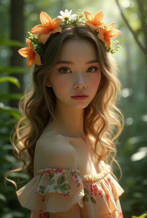 (a beautiful girl wearing a flower crown,flowery dress,outdoor,forest,dappled sunlight,best quality,4k,8k,highres,masterpiece:1.2,ultra-detailed,realistic:1.37,extremely detailed eyes and face,long eyelashes,beautiful detailed lips,serene expression,standi...