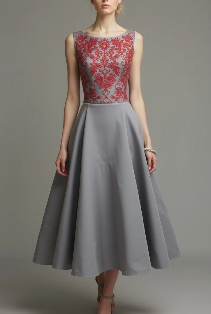 I want a gray knee-length dress with a boat neck princess cut with red embroidery on the top and sleeveless