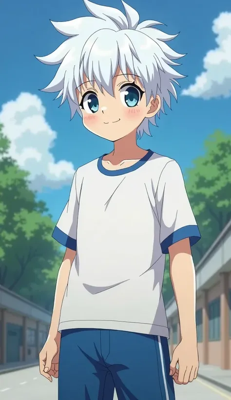  create an anime character, He has white hair creeping up he has blue eyes he wears a white blouse underneath blue sleeve blue shorts light skin boy child who is in school