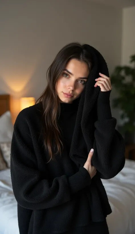 Laura wearing a black sweater is drying her hair with a black towel in her room.  