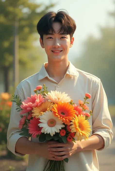 Byun Baekhyun holding some flowers 