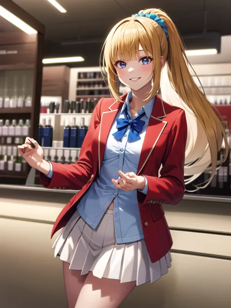 masterpiece, Highest quality, High resolution, a girl ,solo, Long Hair,Yellow Hair, ponytail, Hair Scrunchie, clavicle, Blue bow tie, Red blazer, buttoned blazer, Pleated skirt, White Skirt,Inside the cosmetic shop,standing ,smile,cowboy shot