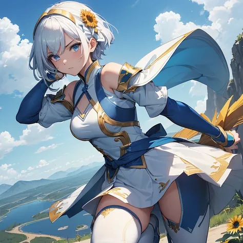 Masterpiece, HD, High Resolution, Best Quality, High Quality, High Details, Super Detailed. High fantasy genre, fantasy artwork. Solo character alone.
{{(A 18-years-old human-girl fighter:(appearance: white-short-hair with a back-ribbon. Very-pale-skin. As...