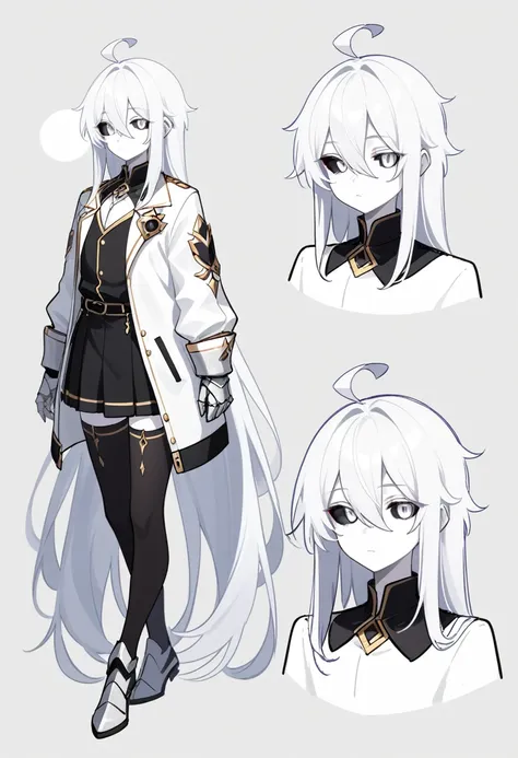 ((masterpiece)),(((best quality))),(character design sheet, same character, front, side, back), illustration, male,  big chest, feminine, white skin, white eyes, black sclera, ahoge, absurdly long hair, white hair, expressionless, white gauntlets, hair ove...