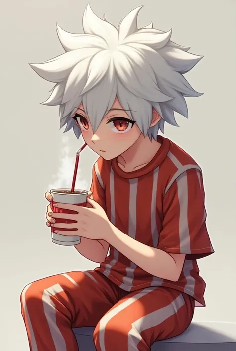 A teenager with white hair from Roblox and a bacon shirt from Roblox and the original bacon pants from Roblox and a cup of soda in his hand and hes a male teenager hes an anime man not a game man but hes taking a shit