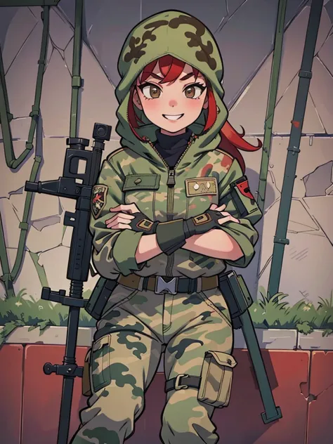 girl with smile and red hair, with a camouflage jacket, camouflage balaclava, tactical gloves, camouflage pants and army boots.