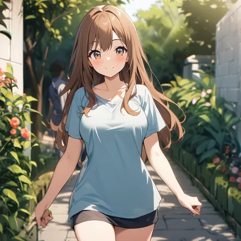  1 girl, solo, Brown Hair, Long Hair, smile, shirts
large breasts,  cowboy shot, Flare、garden、 Female Adult、clothing、Walking with a few friends、