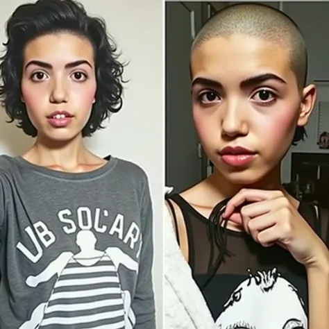 (((beautiful completely bald woman, holding long cut hair strands))) head-shave makeover before after pictures