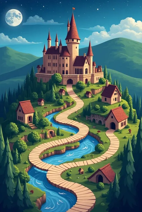 Plateau de jeux style Harry Potter bec plusieurs cases et u centre le château. Tous cela en image vectoriel a plat en 2 d