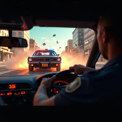 (a high-speed police chase,1 police car, view inside the car, infront 1 getaway car, sparks flying,smoke,dust,sirens blaring,money flying around,robbery,cinematic lighting,dramatic atmosphere,realistic,photorealistic,8k,HDR,physically-based rendering,extre...