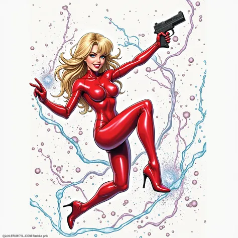 Best quality, 8k, photo realistic image, Woman, blonde straight hair, lashes, smile, red glossy latex suit, action pose    