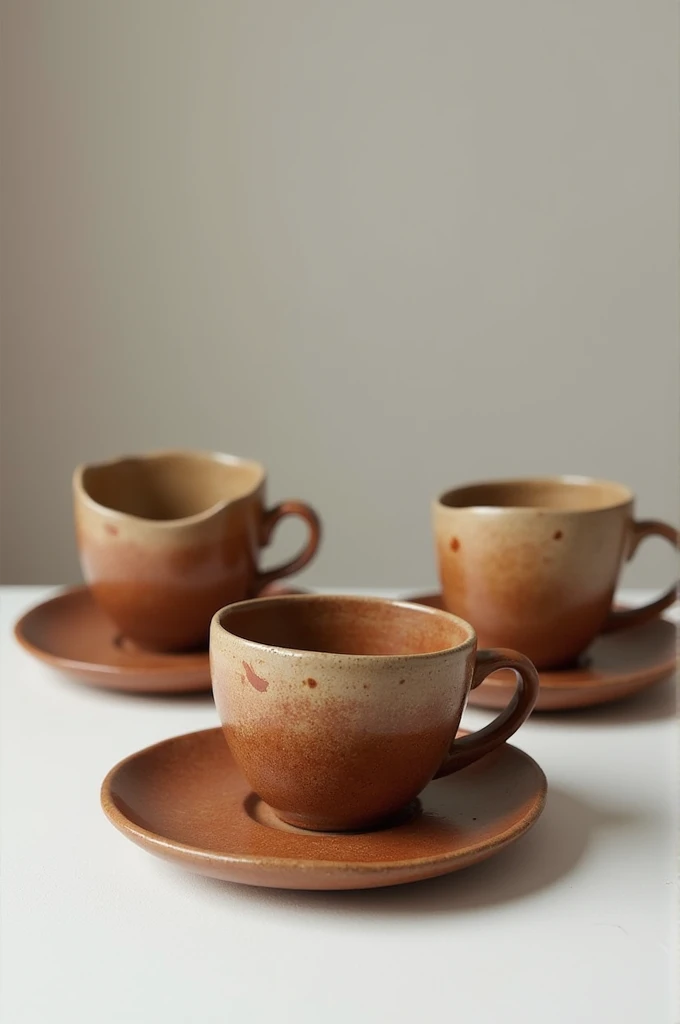 Set of coffee cups with their plates that are made of handmade ceramics 