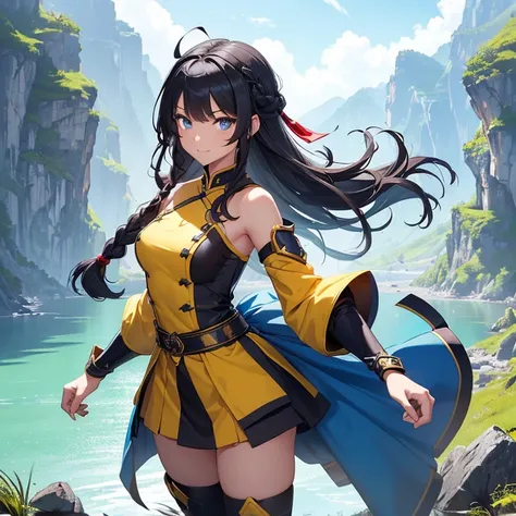 Masterpiece, HD, High Resolution, Best Quality, High Quality, High Details, Super Detailed. High fantasy genre, fantasy artwork. Solo character alone.
{{(A 13-years-old human-girl fighter:(appearance: black-medium-hair tied in a simple braid with a back-ri...