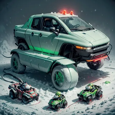  Simple background with gray colors ,  vehicle presentation  ((  Video game vehicle ,  a Mario Kart-style kart ,  with an Alien design combined with a snow plow truck, with red and gray and neon green colors   )).  Surreal video game style ,  High resoluti...