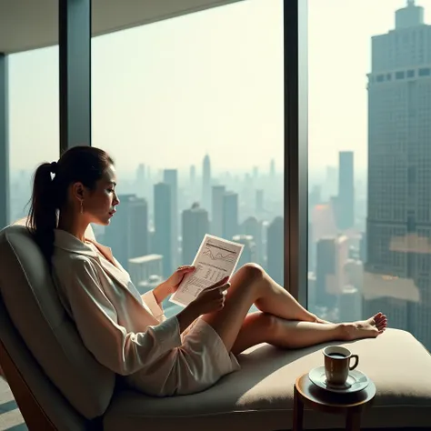 A powerful image of a finance expert relaxing in a luxury hotel suite, seated by floor-to-ceiling windows overlooking a cityscape. She’s dressed in elegant loungewear, reading an investment report, with a high-end coffee setup beside her. Created Using: ar...