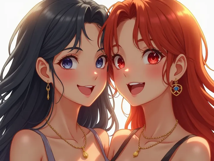 2 girl, Smile, 
Long Hair, Blush, Blue eyes, Red Eyes, Jewelry, Earrings, 