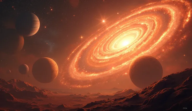 A picture of space, galaxies and planets in orange color, the highest quality is 4K 