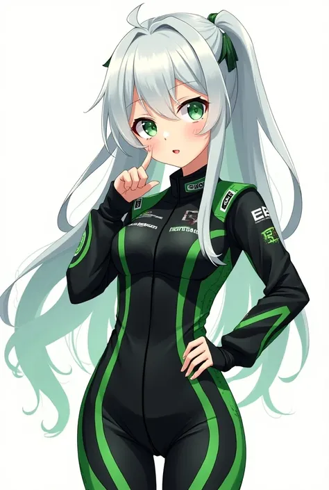 An anime girl looks exacly like Eula from Genshin Impact,wearing a black and green f1 suit. Doing a  cute pose