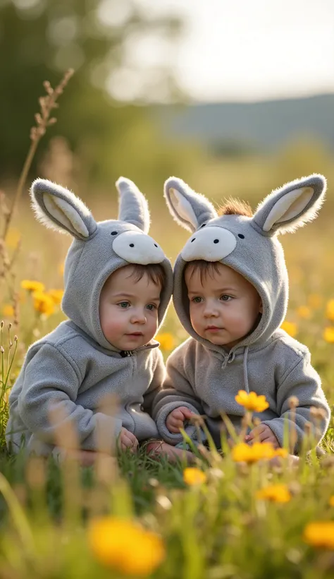 Twin babies in adorable donkey costumes, with tiny donkey ears and soft gray fur, sitting in a field next to a small, friendly donkey. The babies and the donkey look at each other with gentle expressions, surrounded by tall grass and wildflowers. The light...