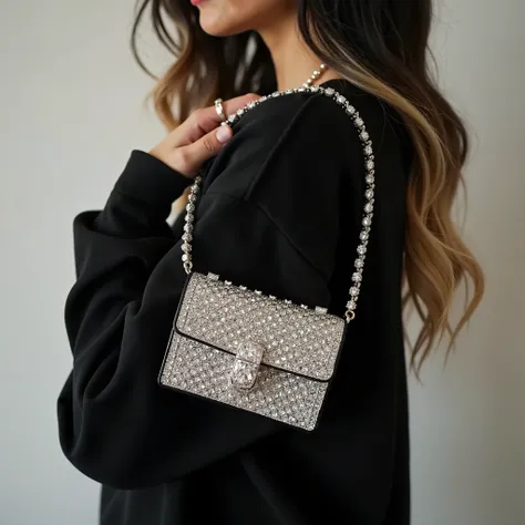  a bag with lots of diamonds shining , centered in the middle of the image ,  on the shoulder of a woman wearing a black sweatshirt, sideways turn,  black hair with blonde ends and long, wearing a diamond chain , without showing her face 