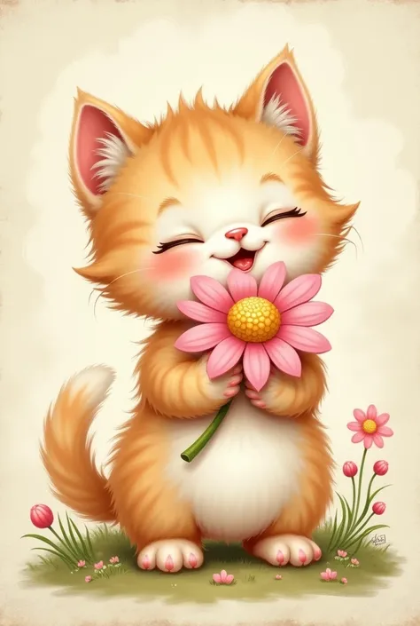 Create a cute old style oil painting of a fluffy, light orange and white kitten with a happy expression, standing on its hind legs while holding a large pink daisy-like flower. The kitten has soft, blushing cheeks, closed eyes, and a wide smile, exuding jo...