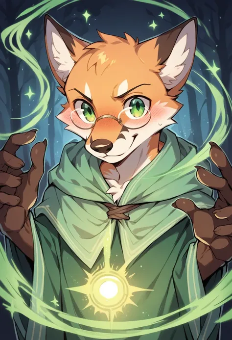 A wizzard ((fox)), anthro, man, with view glasses, green eyes, in a glowing forest in night, magic, whith a wizzards robe, harry potter style, he have a caduceus staff, casting a spell, blush smile, looking at the viewer