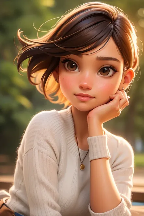 a beautiful detailed pixar woman, full view, 1girl, jessica alba, photorealistic face, detailed brown eyes, detailed nose, beautiful detailed lips, long eyelashes, intricate face details, elegant expression, flowing brown hair, wearing a tankk top and shor...