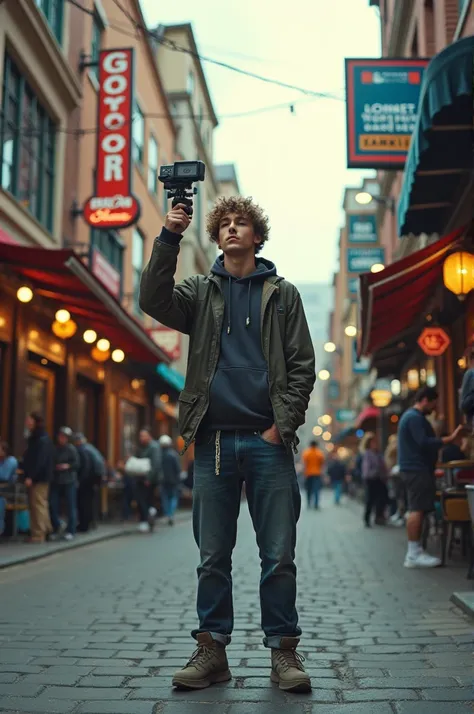 Man taking photos on the street with Go Pro camera 