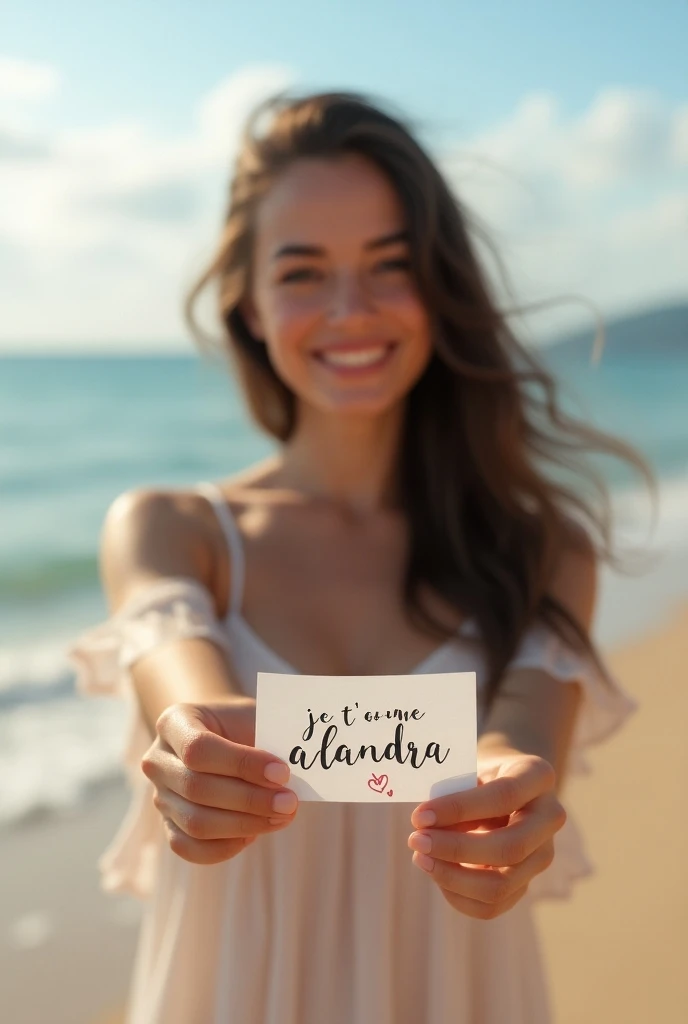 Une belle fille brune, sur la plage, souriante, tient dans une main une petite feuille de papier, sur la petite feuille de papier est écrit le texte suivant en manuscrit au crayon bleu : &quot; Je t’aime Alexandra 8 novembre 2024 &quot; , elle montre la pe...