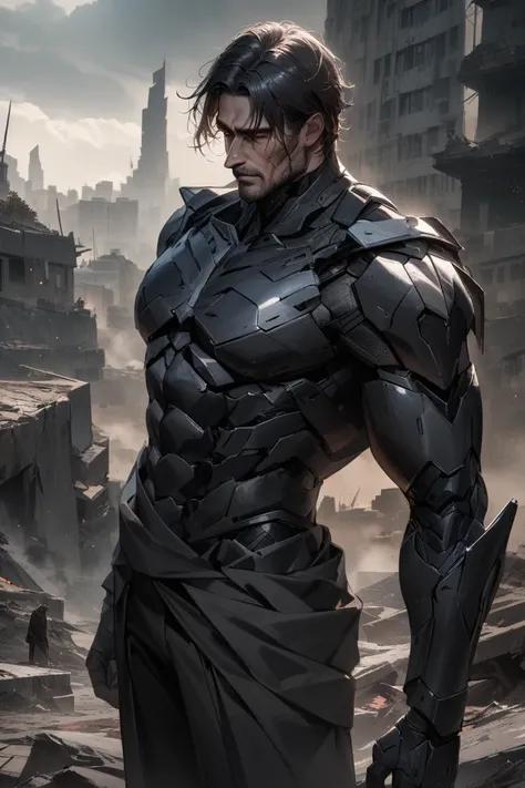 a stunning illustration of a ruggedly handsome 37-year-old Caucasian man, a half of his face is red and ravaged by a disease, the other unblemished and handsome. He stands stoically in a sleek, futuristic high-tech black thin mecha-like armor that covers h...