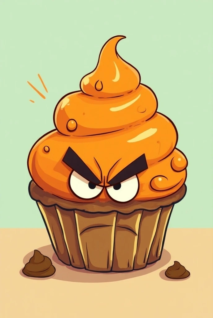 Un cup cake avec un glaçage ressemble à un caca. Ça doit être un dessin type bande dessinée pour enfant. Son glaçage est de couleur orange.

Il a une tête avec une expression colère
