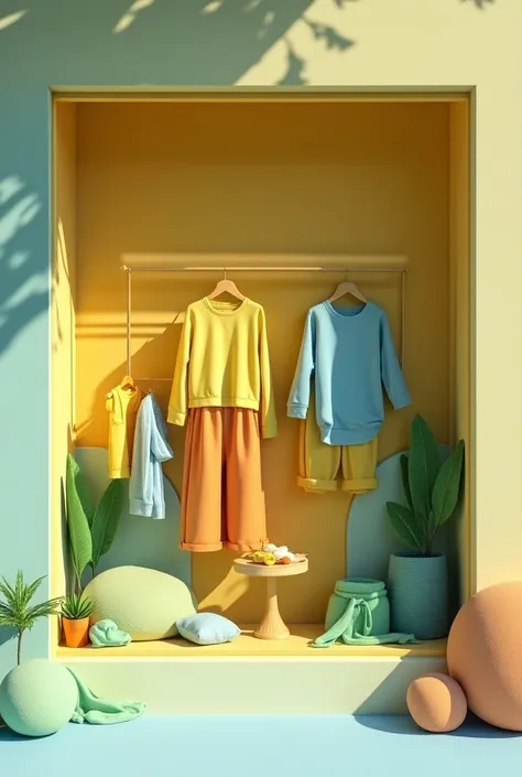 Create an image of the window of a clothing store for children with autism with the colors green, yellow and blue