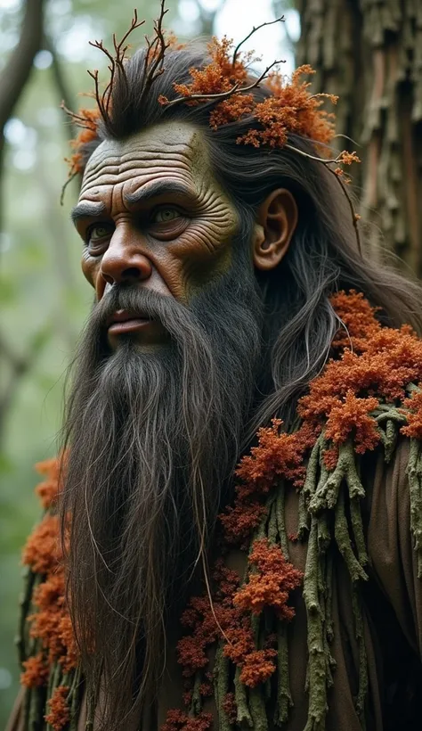  Imagine a forest giant ,  so tall that he mixes with eucalyptus trees !  He is half a person , half a tree ,  with a body covered with rough bark and red moss .  His beard is made of long roots and dry leaves .  He has a serene expression and wise eyes th...