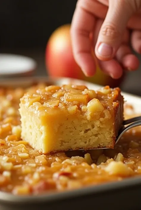  Salted Caramel Apple Sheet Cake Bliss . featuring a hand delicately reaching for or serving the dish to enhance authenticity. The lighting is warm and inviting, with a slight grainy texture that mimics the aesthetic of an old camera without any blur. The ...