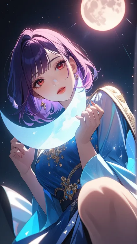 masterpiece,  Best quality:1.3,  1girl, moon dress,  giant girl  , floating,space ,moon , holding moon ,  detailed face,  Red eyes, beautiful lips,  drawn in detail ,   long lashes , delicate facial features,   expressive face  ,  detailed skin texture , m...