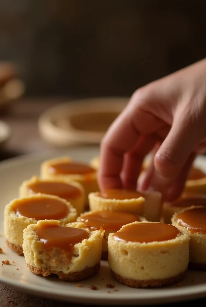 Creamy Peanut Butter Caramel Mini Cheesecakes Delight featuring a hand delicately reaching for or serving the dish to enhance authenticity. The lighting is warm and inviting, with a slight grainy texture that mimics the aesthetic of an old camera without a...