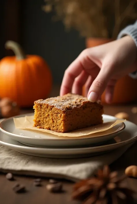 Pumpkin Gingerbread Snack Cake with a Hint of Spice  featuring a hand delicately reaching for or serving the dish. The scene should be captured in warm, inviting lighting with a slight grainy texture, reminiscent of an old camera. The composition should co...