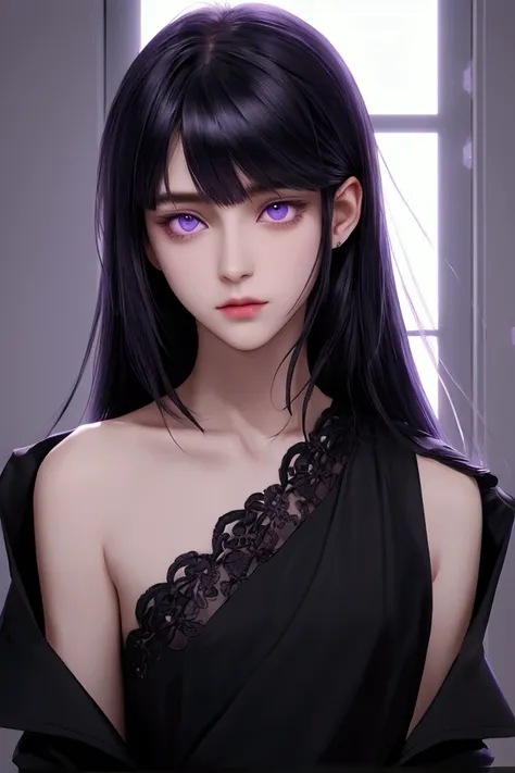 best quality, intricate details, chromatic aberration, 1boy ,black shoulder length hair, purple eyes, gentle eyes, (best quality), (SHOULDER LENGTH HAIR), bangs to the side