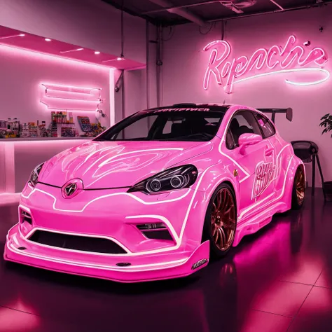  painted pink car in a showroom with neon signs,  hyperrealistic “,  hyperrealistic” , Anime car wrap , racecar,  wide body ,  keep highly detailed !!, rosa Power,  realistic paint , ( pink colors ),  ultra-realistic” ,  ultra realistic” ,  brushed rose go...