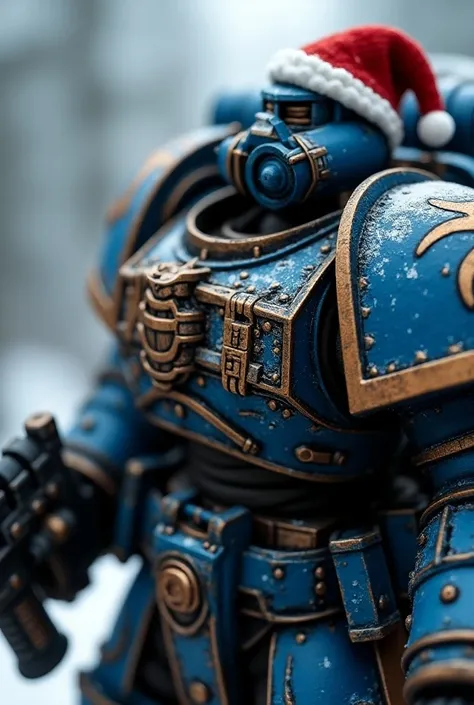  close-up of a blue combat hammer with a machine gun in a Christmas hat, dreadnought, with few ultramarine  highlights, Wolf Armor Mech, space marines, Warhammer model, space marine, warhammer 40k, ultramarine  космический, warhammer 40000 space marine, ul...