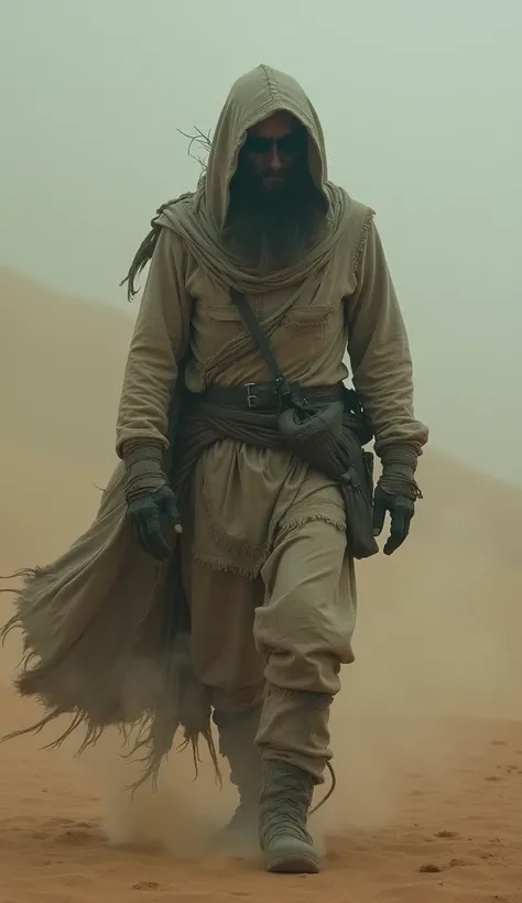 The Spectral Exile ":  A man in ragged, dust-covered clothes ,  with a face that seems to be dissolving into smoke .  His eyes are bottomless slits of darkness .  He walks through a twilight desert with ghostly sandstorms in the distance.

